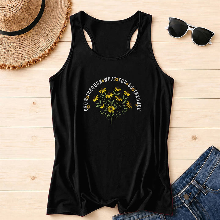 Christianartworkshop Arch Curved Grow Through What You Go Through Text Black Eyed Susan Floral Bouquet Centered Racerback Tank Top - Black - 2XL - image 16