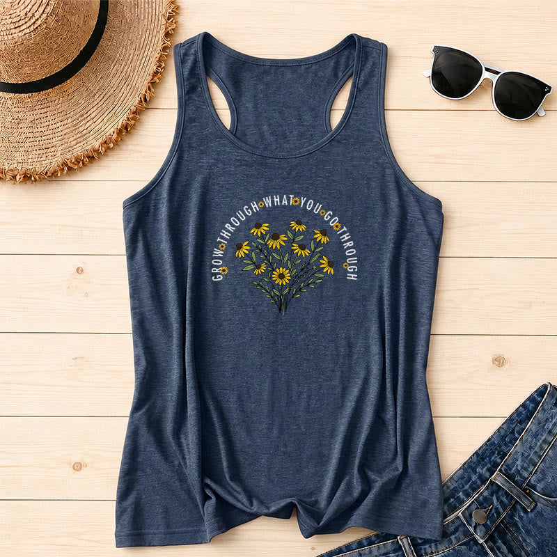 Christianartworkshop Arch Curved Grow Through What You Go Through Text Black Eyed Susan Floral Bouquet Centered Racerback Tank Top - Navy Blue - 2XL - image 2