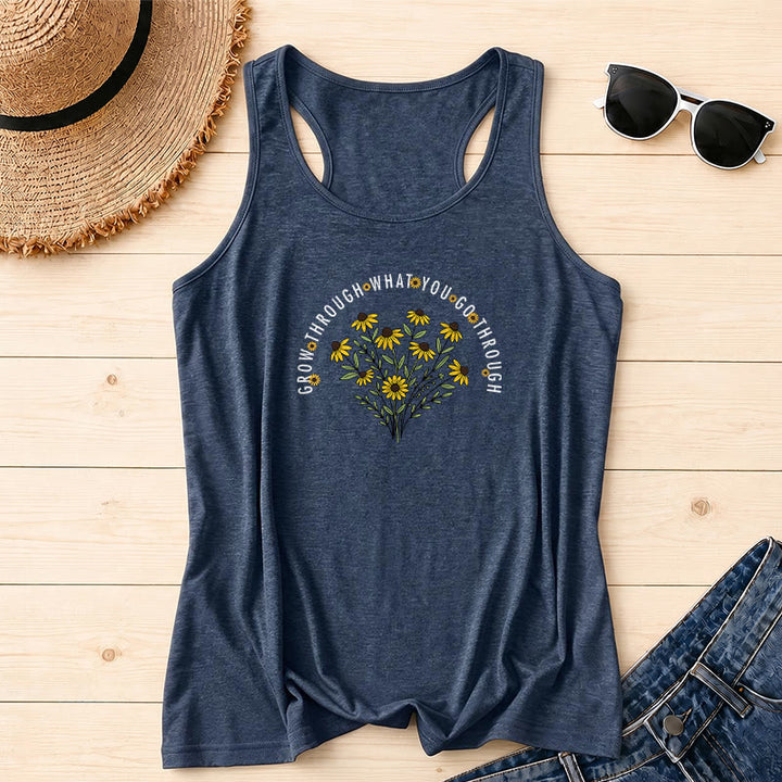 Christianartworkshop Arch Curved Grow Through What You Go Through Text Black Eyed Susan Floral Bouquet Centered Racerback Tank Top - Navy Blue - 2XL - image 2