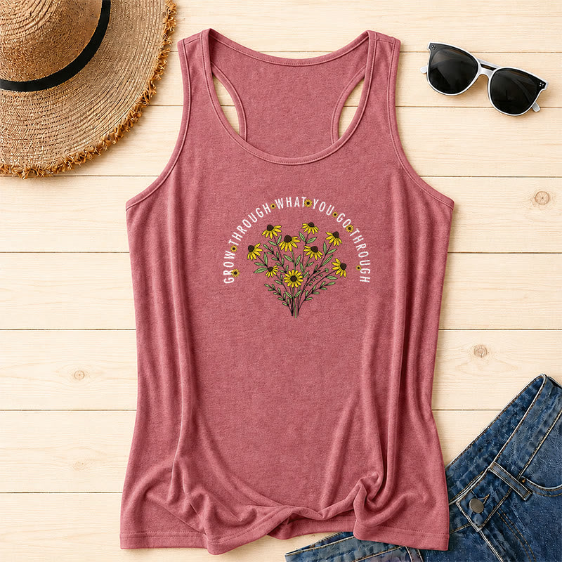 Christianartworkshop Arch Curved Grow Through What You Go Through Text Black Eyed Susan Floral Bouquet Centered Racerback Tank Top - Pink - 2XL - image 4