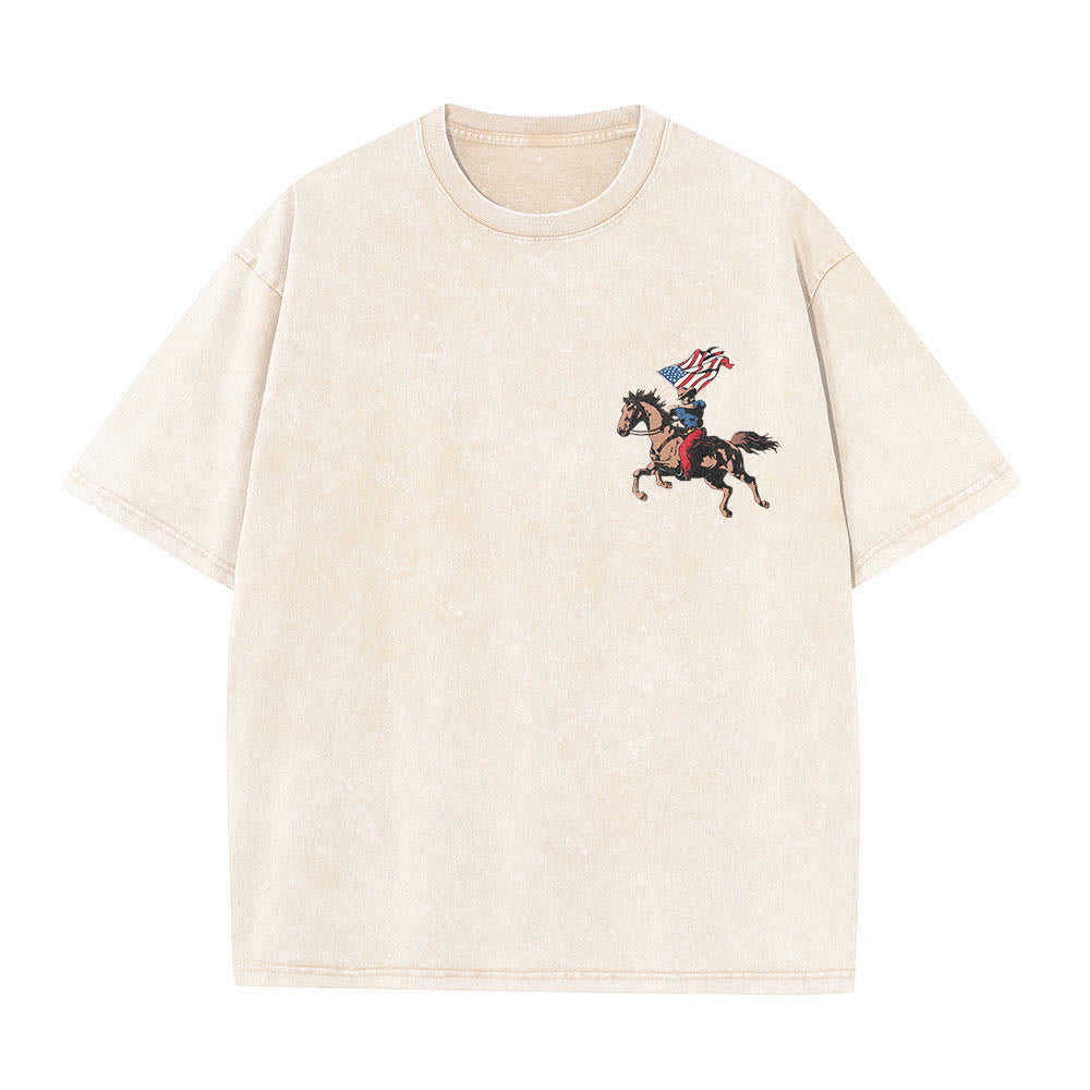 Christianartworkshop 250 Years Of America Patriotic Cowboy Horse Dual Print Vintage Washed T-Shirt - image 1