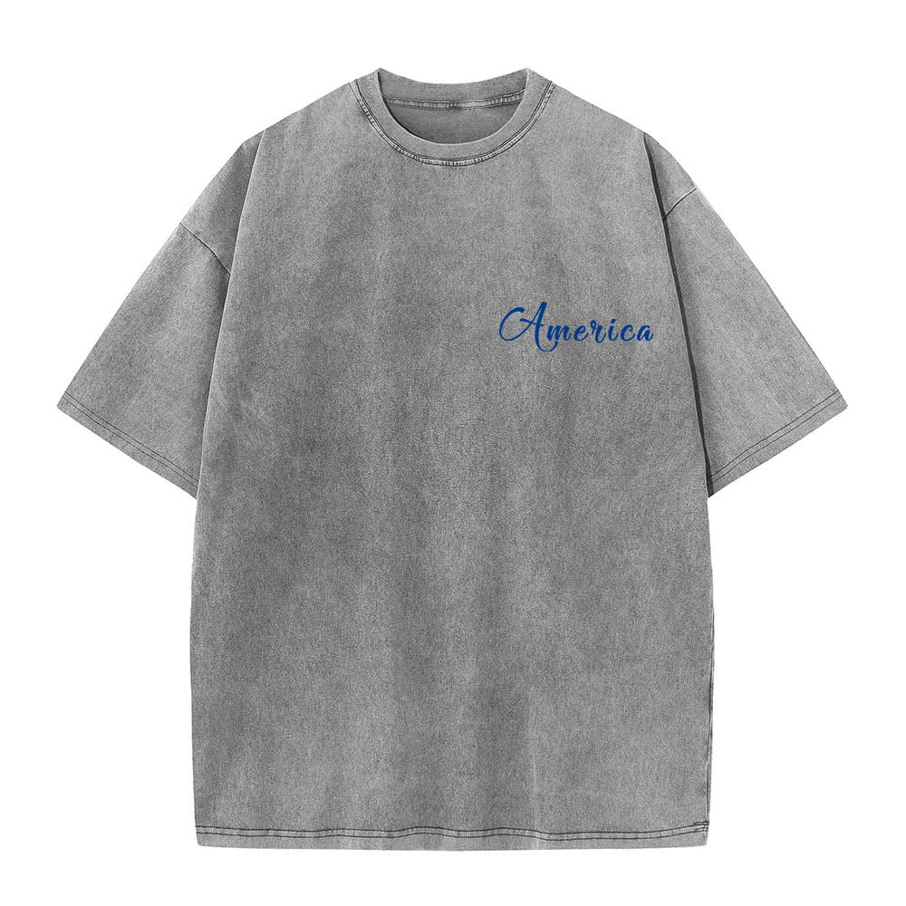 Christianartworkshop America 1776 Faith Freedom & Family Contrast Red Blue Cursive Block Dual Print Vintage Washed T-Shirt - image 1