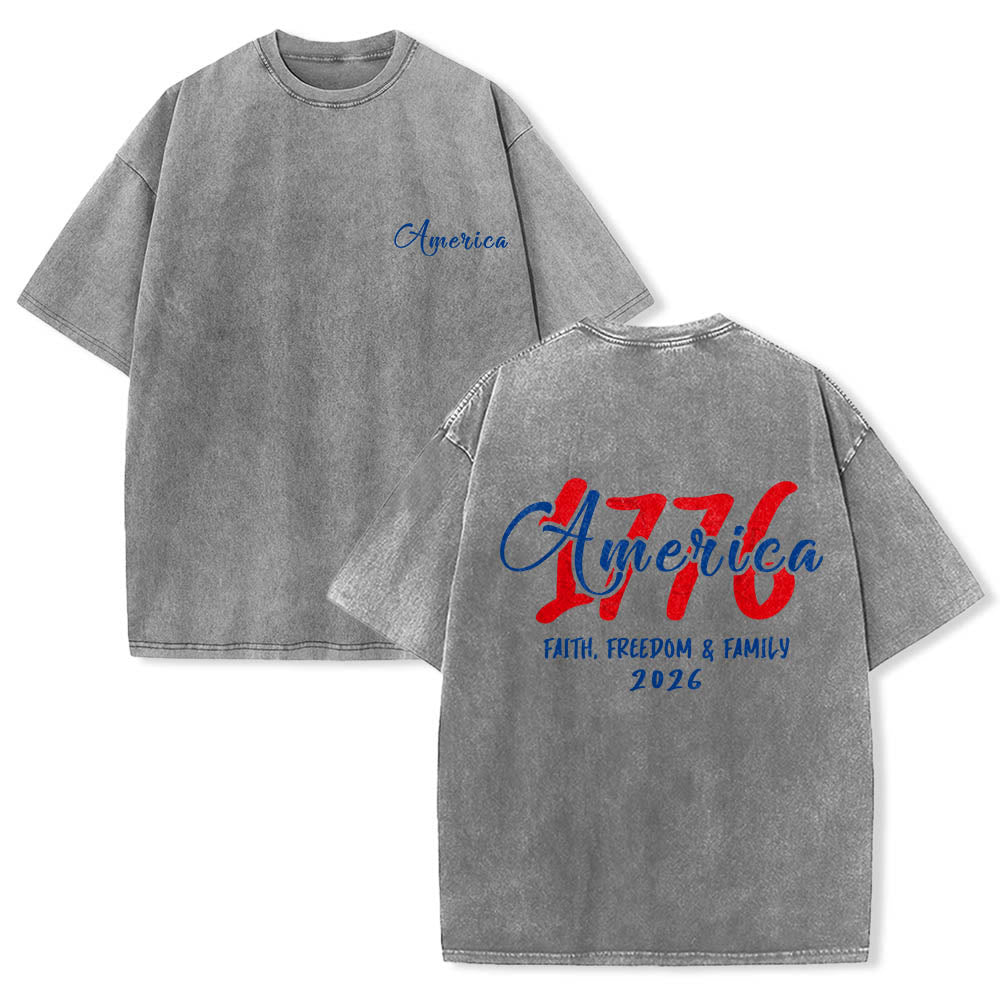 Christianartworkshop America 1776 Faith Freedom & Family Contrast Red Blue Cursive Block Dual Print Vintage Washed T-Shirt - Grey - 5XL - image 0