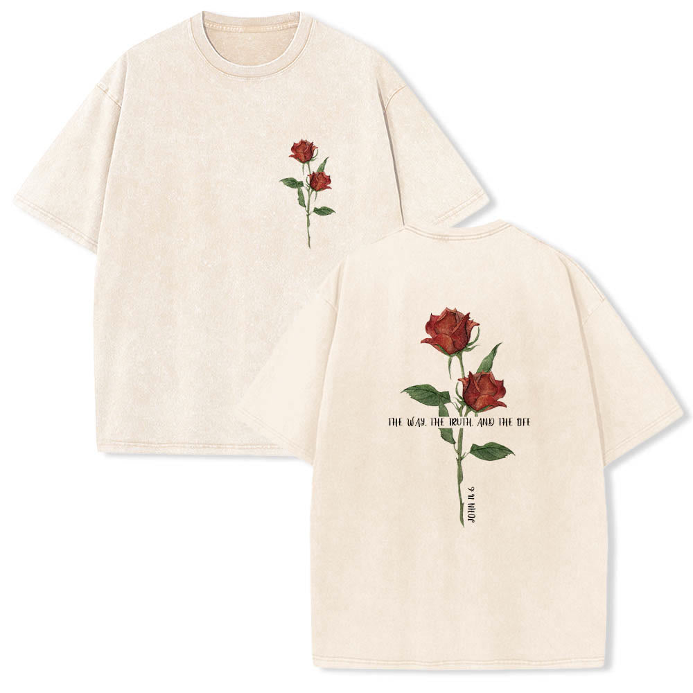 Christianartworkshop Watercolor Two Red Rose Stem The Way The Truth And The Life Scripture Dual Print Vintage Washed T-Shirt - Beige - 5XL - image 0