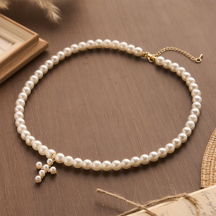Christianartworkshop Elegant Imitation Pearl Bead Mini Pearl Cross Pendant Choker Necklace: Timeless Emblem of Gentle Heavenly Guardianship - image 1