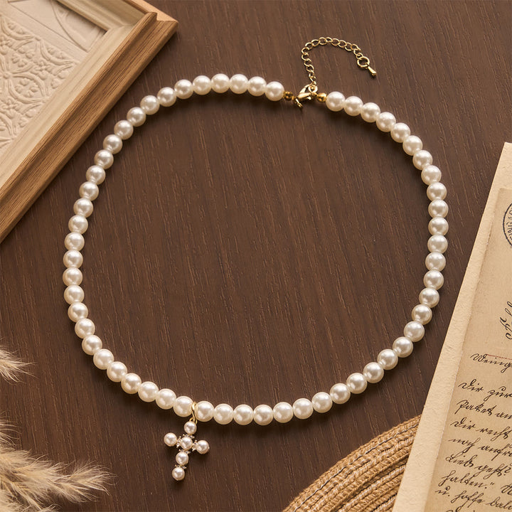 Christianartworkshop Elegant Imitation Pearl Bead Mini Pearl Cross Pendant Choker Necklace: Timeless Emblem of Gentle Heavenly Guardianship - image 2