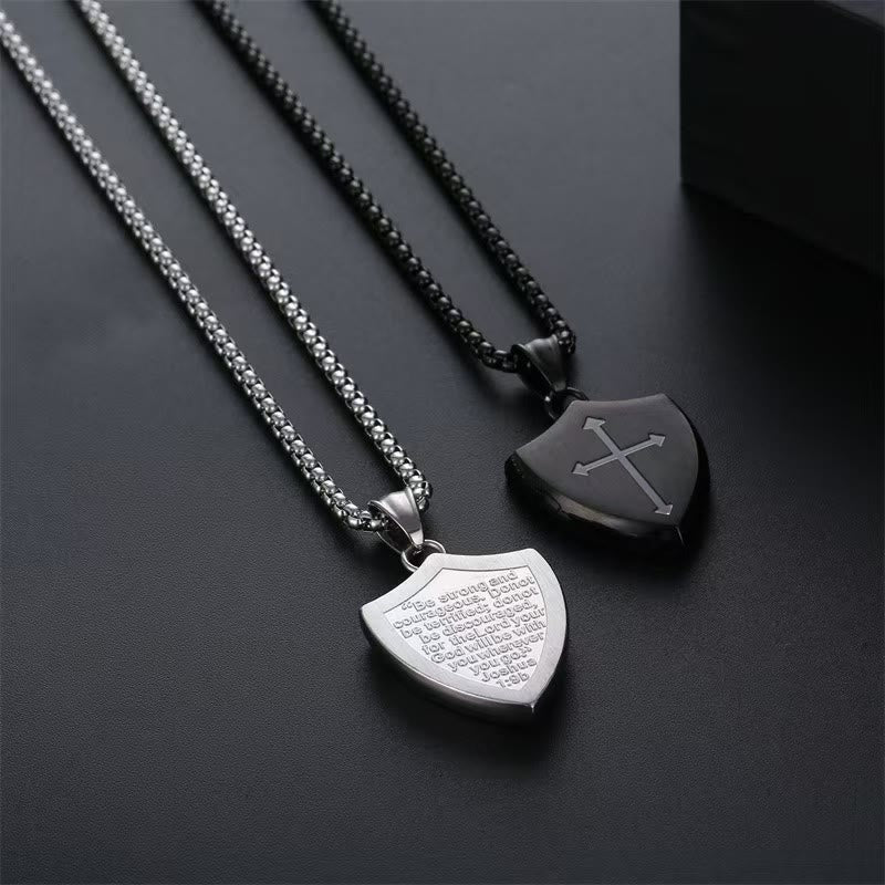 Christianartworkshop Double Sided Shield Rhinestone Cross Pendant Engraved Amor of God Joshua 1 Verse 9 Box Chain Necklace: Timeless Emblem of Gentle Heavenly Guardianship - image 0