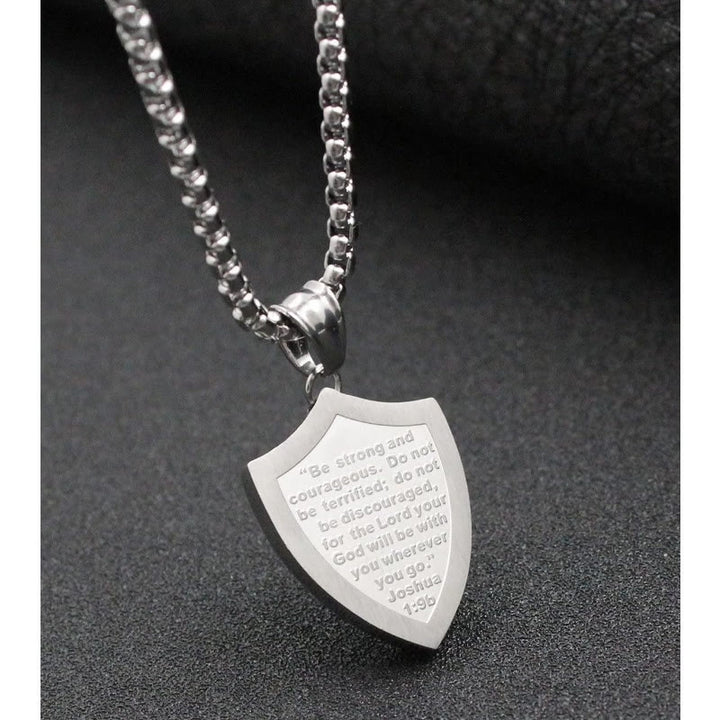 Christianartworkshop Double Sided Shield Rhinestone Cross Pendant Engraved Amor of God Joshua 1 Verse 9 Box Chain Necklace: Timeless Emblem of Gentle Heavenly Guardianship - image 5