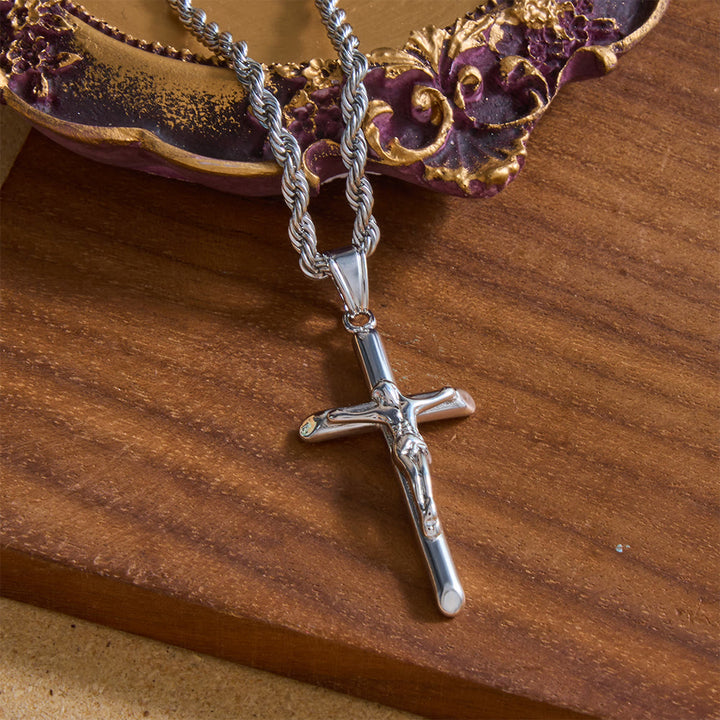 Christianartworkshop Relief Jesus Crucifix Pendant Twisted Rope Chain Necklace : Timeless Emblem of Gentle Heavenly Guardianship - Silver - image 3