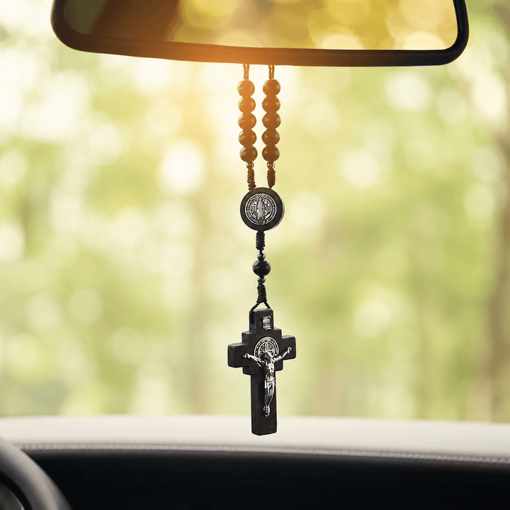 Christianartworkshop Round Bead Car Rosary Crucifix Our Lady Embossed Medal Car Hanging Pendant: A Reminder of Merciful Divine Protection on Every Trip - Crucifix&St.Benedict - image 0