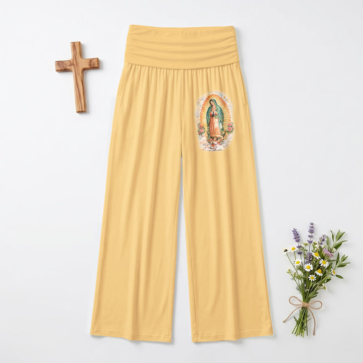 Christianartworkshop Solid Our Lady Of Guadalupe Single Portrait Print Fold Over High Waist Wide Leg Pants - Yellow - US22,UK/AU26,EU54(6XL) - image 3