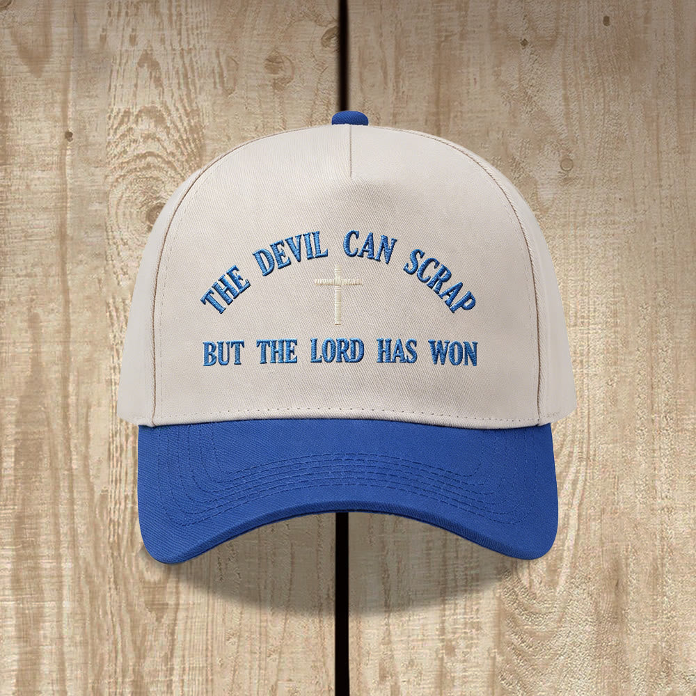 Christianartworkshop Arch Scripture Cross Motif THE DEVIL CAN SCRAP BUT THE LORD HAS WON Embroidery Washed Baseball Cap - Blue - image 14