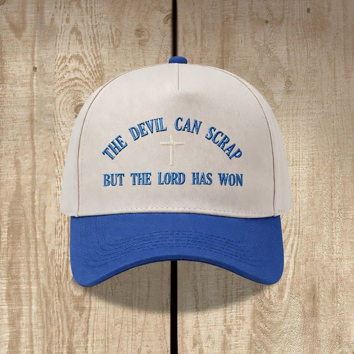Christianartworkshop Arch Scripture Cross Motif THE DEVIL CAN SCRAP BUT THE LORD HAS WON Embroidery Washed Baseball Cap - Blue - image 14