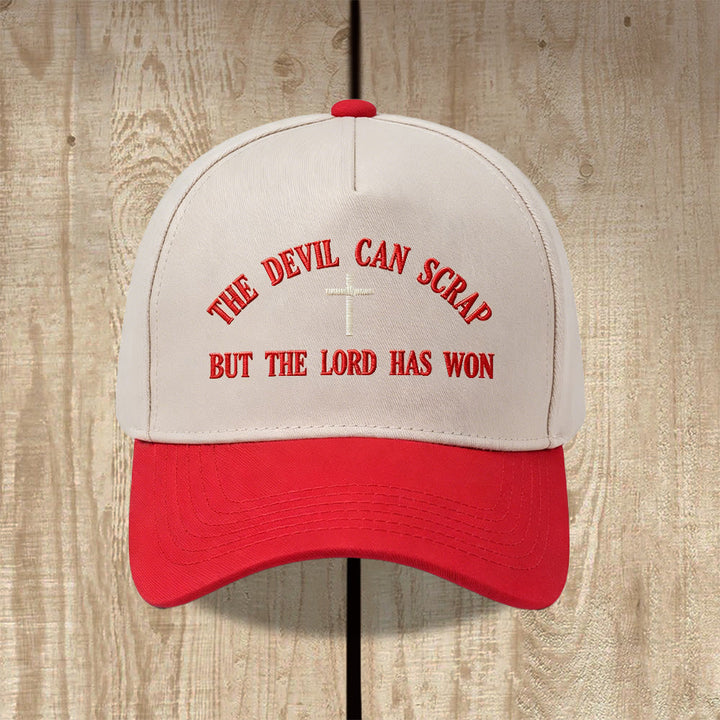 Christianartworkshop Arch Scripture Cross Motif THE DEVIL CAN SCRAP BUT THE LORD HAS WON Embroidery Washed Baseball Cap - Red - image 12