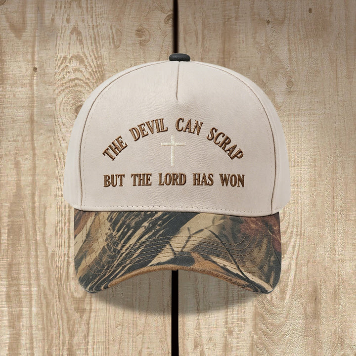Christianartworkshop Arch Scripture Cross Motif THE DEVIL CAN SCRAP BUT THE LORD HAS WON Embroidery Washed Baseball Cap - Camouflage - image 10