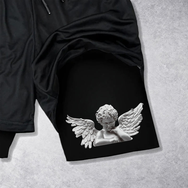 Christianartworkshop Triple Cross Outer Cherub Angel Sculpture Inner Two-Layer Drawstring Faith Shorts - image 4