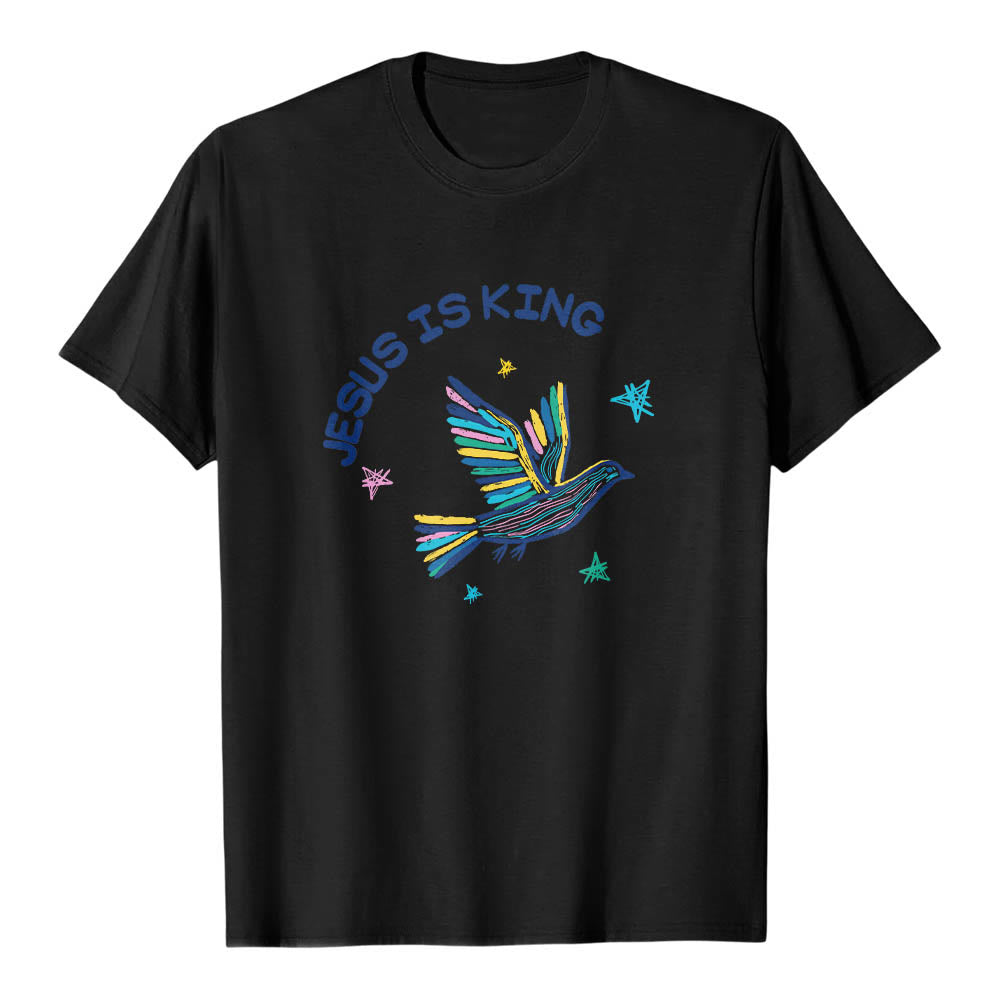Christianartworkshop Curved Jesus Is King Letter Hand Drawn Dove Star Accent Front Print Classic T-Shirt - Black - 2XL - image 6