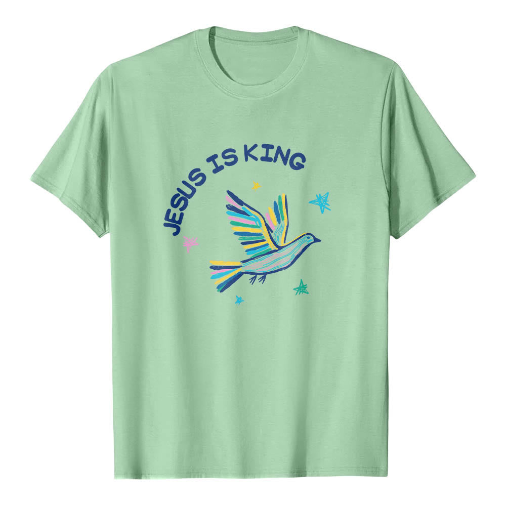 Christianartworkshop Curved Jesus Is King Letter Hand Drawn Dove Star Accent Front Print Classic T-Shirt - Light Green - 2XL - image 21