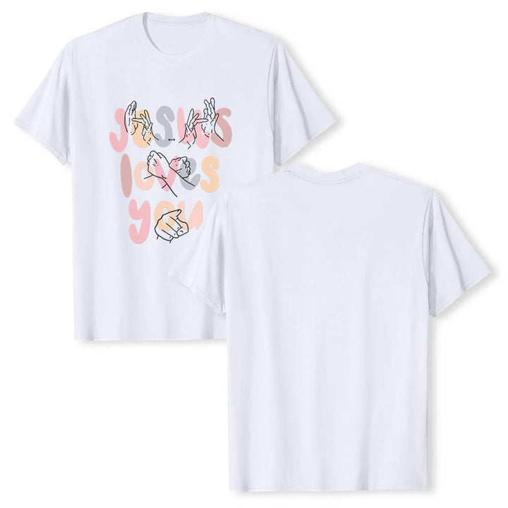 Christianartworkshop Jesus Loves You Bubble Letter Sign Language Hand Line Art Front Print Classic T-Shirt - image 5