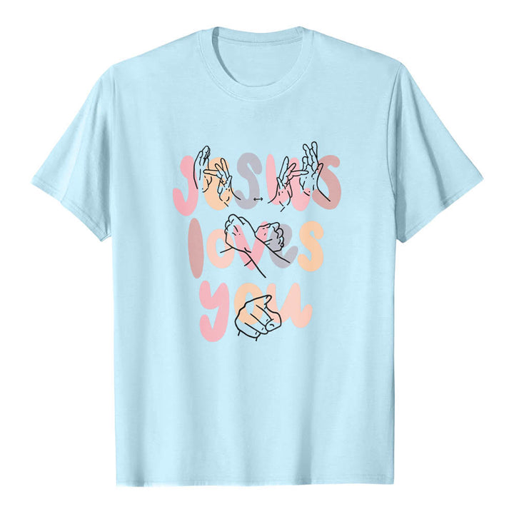 Christianartworkshop Jesus Loves You Bubble Letter Sign Language Hand Line Art Front Print Classic T-Shirt - Blue - 2XL - image 12