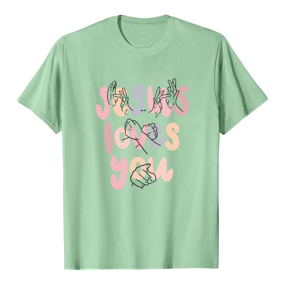 Christianartworkshop Jesus Loves You Bubble Letter Sign Language Hand Line Art Front Print Classic T-Shirt - Light Green - 2XL - image 21