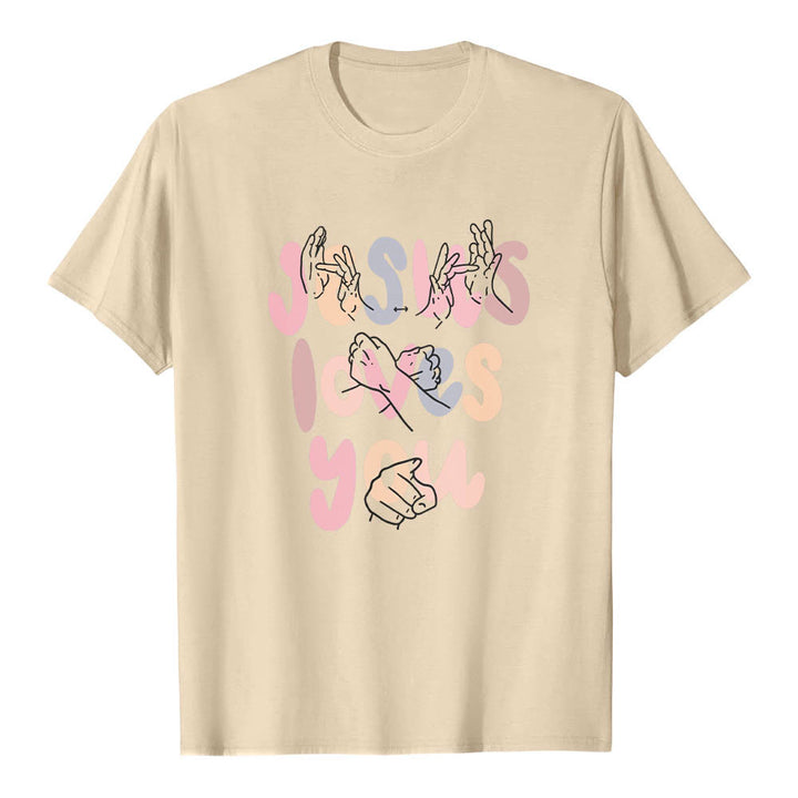 Christianartworkshop Jesus Loves You Bubble Letter Sign Language Hand Line Art Front Print Classic T-Shirt - Beige - 2XL - image 18