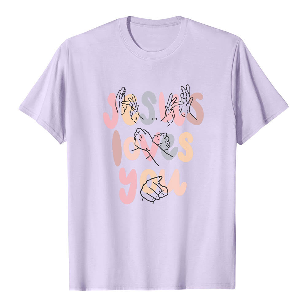Christianartworkshop Jesus Loves You Bubble Letter Sign Language Hand Line Art Front Print Classic T-Shirt - Purple - 2XL - image 15