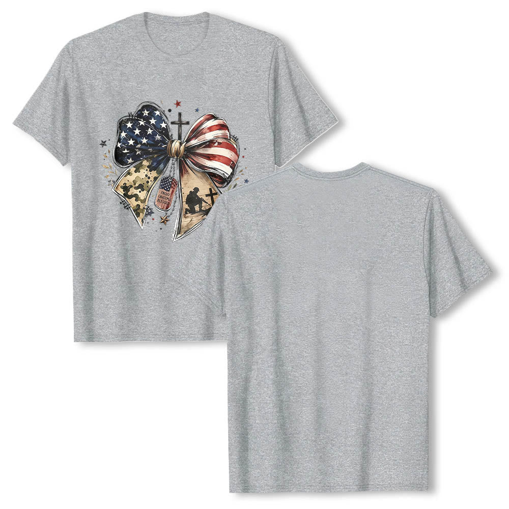 Christianartworkshop Patriotic Multi-Panel Bow Cross Soldier Dog Tag Star Accent Front Print Classic T-Shirt - image 1