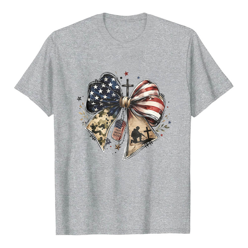 Christianartworkshop Patriotic Multi-Panel Bow Cross Soldier Dog Tag Star Accent Front Print Classic T-Shirt - Grey - 2XL - image 0