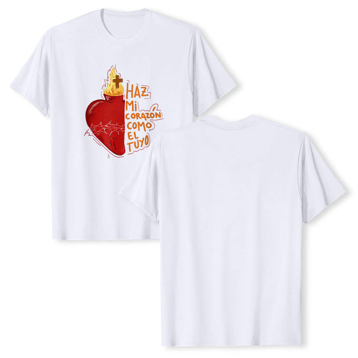 Christianartworkshop Sacred Thorn Wound Flame Cross Heart Spanish Devotional Slogan Front Print Classic T-Shirt - image 5