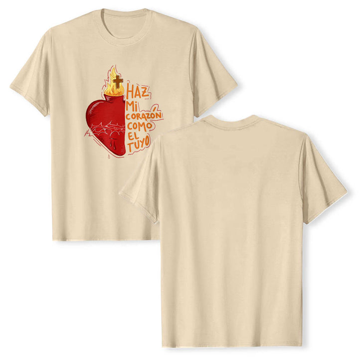 Christianartworkshop Sacred Thorn Wound Flame Cross Heart Spanish Devotional Slogan Front Print Classic T-Shirt - image 1
