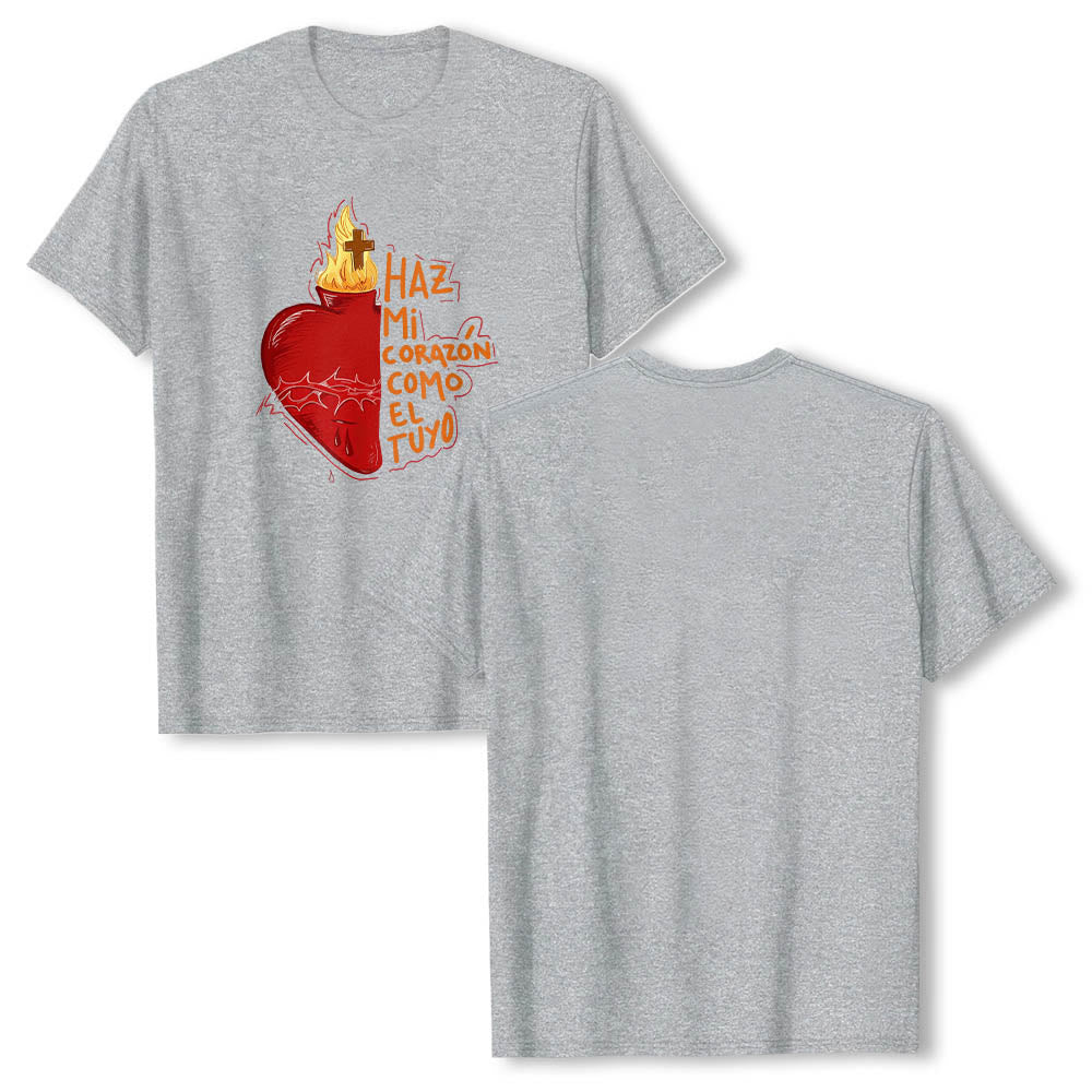 Christianartworkshop Sacred Thorn Wound Flame Cross Heart Spanish Devotional Slogan Front Print Classic T-Shirt - image 3