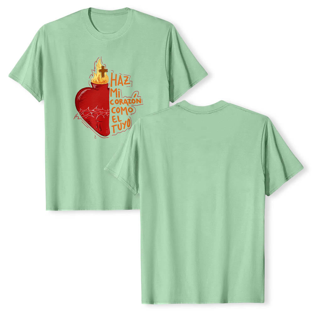 Christianartworkshop Sacred Thorn Wound Flame Cross Heart Spanish Devotional Slogan Front Print Classic T-Shirt - image 15