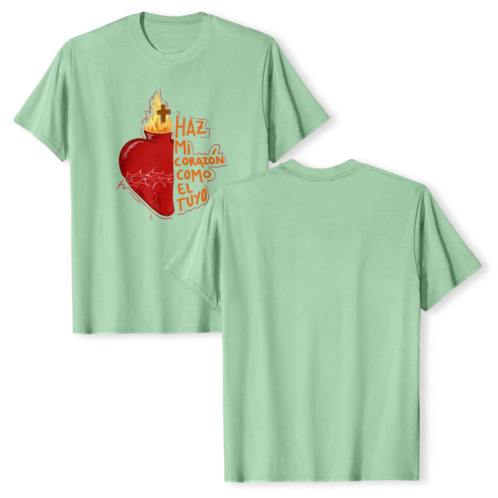 Christianartworkshop Sacred Thorn Wound Flame Cross Heart Spanish Devotional Slogan Front Print Classic T-Shirt - image 15