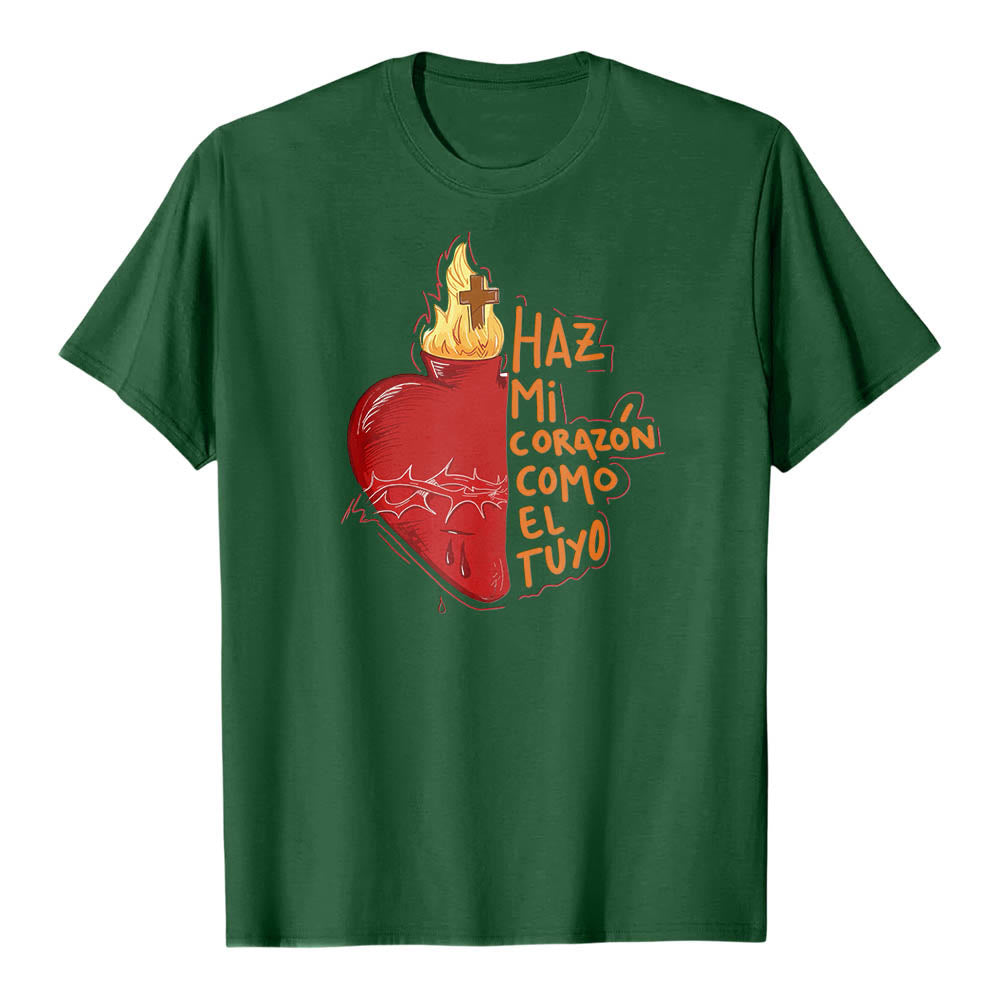 Christianartworkshop Sacred Thorn Wound Flame Cross Heart Spanish Devotional Slogan Front Print Classic T-Shirt - Dark Green - 2XL - image 6