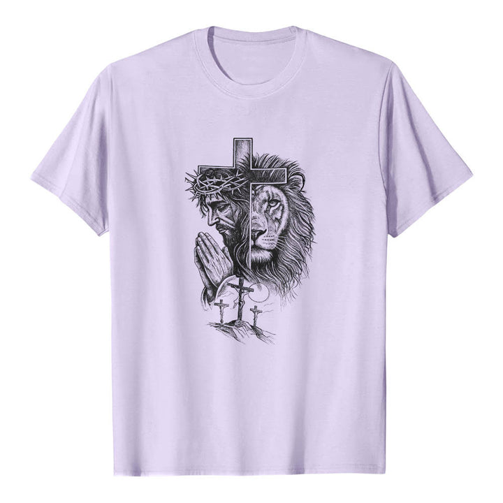 Christianartworkshop Split Portrait Praying Jesus Lion Cross Golgotha Three Cross Front Print Classic T-Shirt - Purple - 2XL - image 12