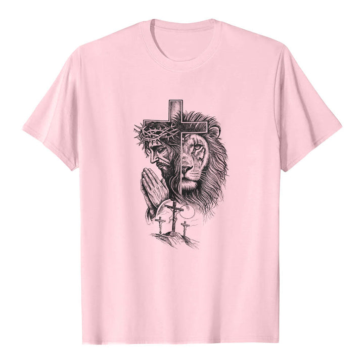 Christianartworkshop Split Portrait Praying Jesus Lion Cross Golgotha Three Cross Front Print Classic T-Shirt - Pink - 2XL - image 16