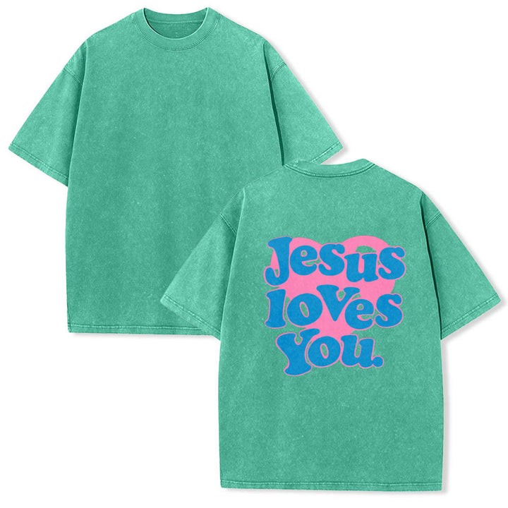 Christianartworkshop Heart Back Bubble Font Jesus Loves You Statement Print Washed T‑Shirt - image 11