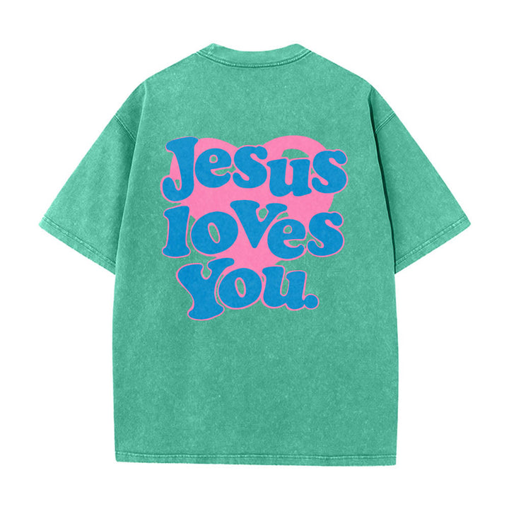 Christianartworkshop Heart Back Bubble Font Jesus Loves You Statement Print Washed T‑Shirt - Green - 5XL - image 10