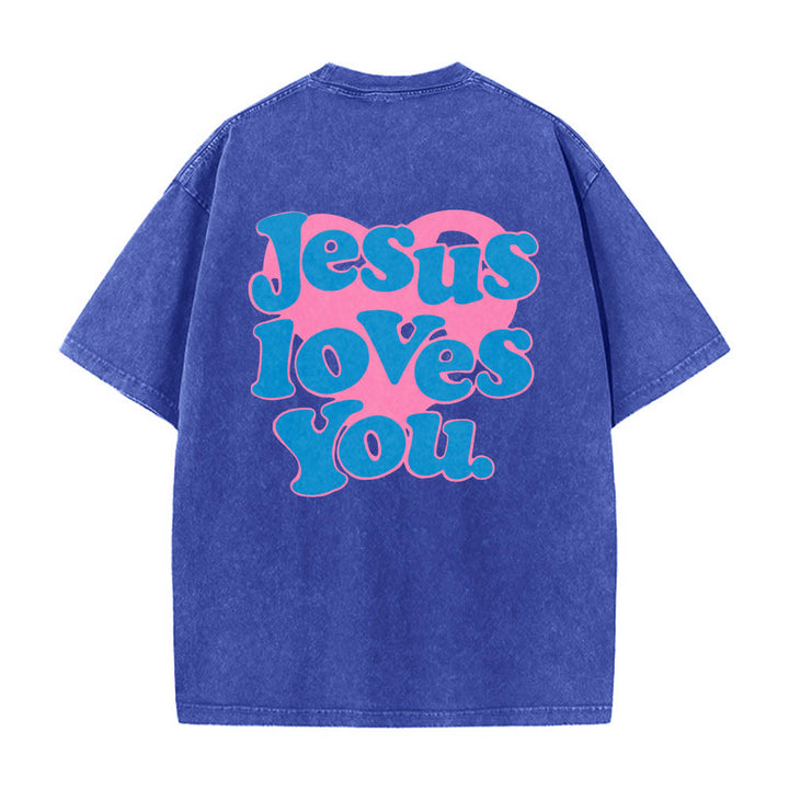 Christianartworkshop Heart Back Bubble Font Jesus Loves You Statement Print Washed T‑Shirt - Blue - 5XL - image 6