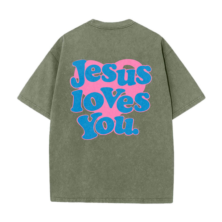 Christianartworkshop Heart Back Bubble Font Jesus Loves You Statement Print Washed T‑Shirt - Army Green - 5XL - image 16