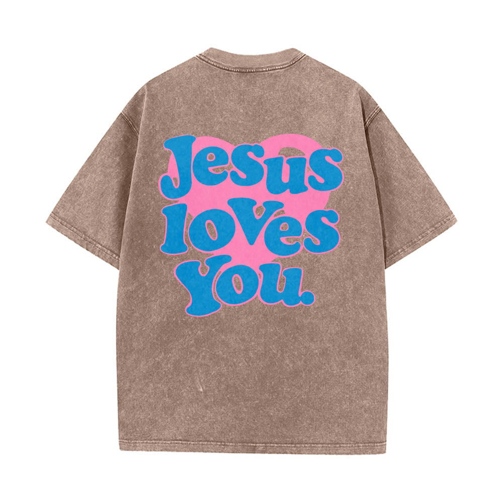 Christianartworkshop Heart Back Bubble Font Jesus Loves You Statement Print Washed T‑Shirt - Brown - 5XL - image 8