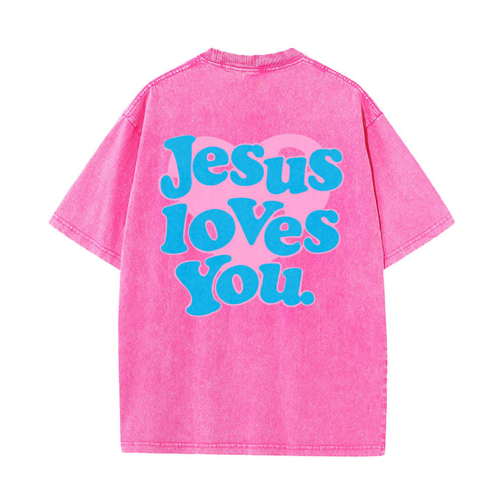 Christianartworkshop Heart Back Bubble Font Jesus Loves You Statement Print Washed T‑Shirt - Pink - 5XL - image 14