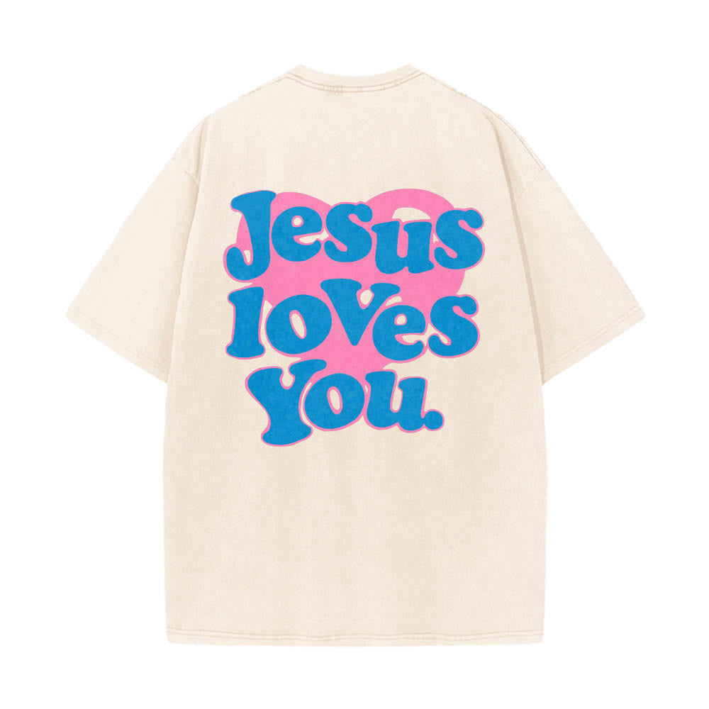 Christianartworkshop Heart Back Bubble Font Jesus Loves You Statement Print Washed T‑Shirt - Beige - 5XL - image 0