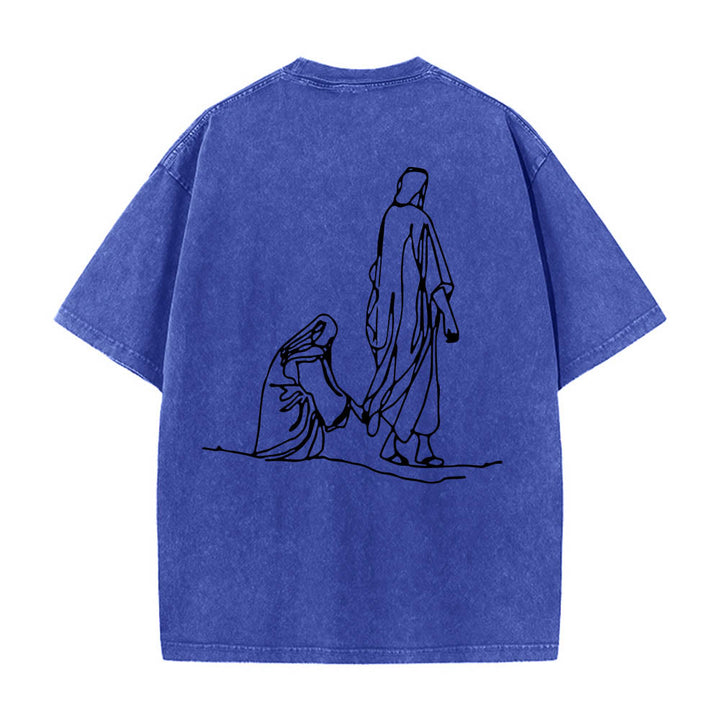 Christianartworkshop Matthew 9:20‑22 Faith Quote Front Bleeding Woman Touch Christ Robe Line Art Rear Print Washed T‑Shirt - image 14