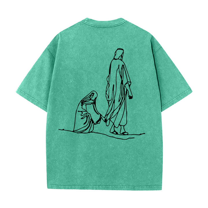 Christianartworkshop Matthew 9:20‑22 Faith Quote Front Bleeding Woman Touch Christ Robe Line Art Rear Print Washed T‑Shirt - image 17