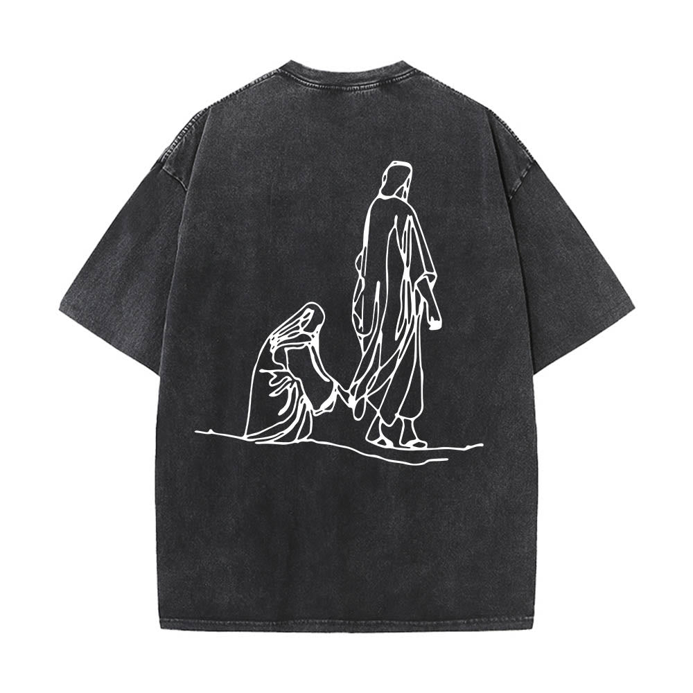Christianartworkshop Matthew 9:20‑22 Faith Quote Front Bleeding Woman Touch Christ Robe Line Art Rear Print Washed T‑Shirt - image 11