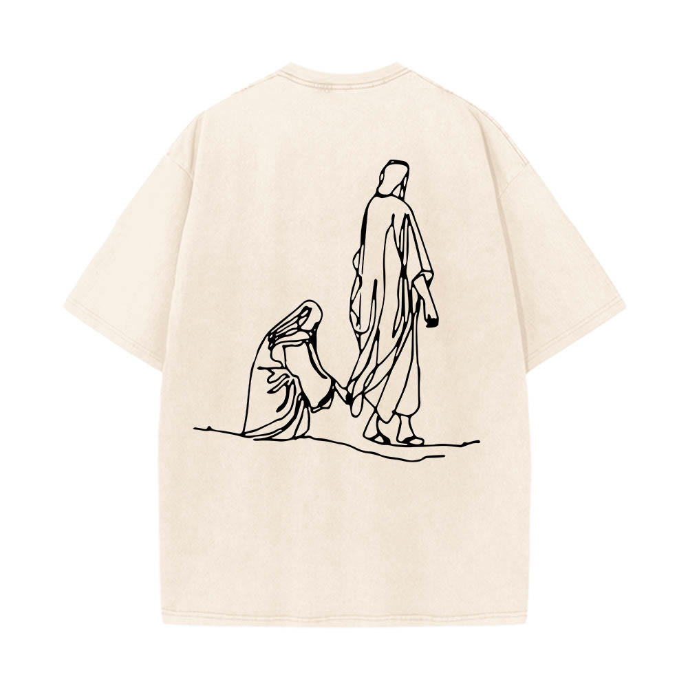 Christianartworkshop Matthew 9:20‑22 Faith Quote Front Bleeding Woman Touch Christ Robe Line Art Rear Print Washed T‑Shirt - image 5