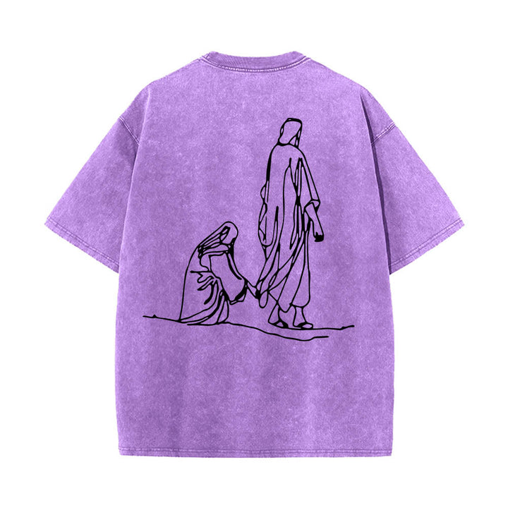 Christianartworkshop Matthew 9:20‑22 Faith Quote Front Bleeding Woman Touch Christ Robe Line Art Rear Print Washed T‑Shirt - image 20