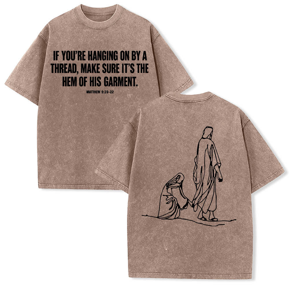 Christianartworkshop Matthew 9:20‑22 Faith Quote Front Bleeding Woman Touch Christ Robe Line Art Rear Print Washed T‑Shirt - Brown - 5XL - image 0